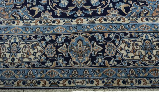 Full view of 2000s Kerman rug from Iran / Persia, 414 × 302 cm in Blue tones