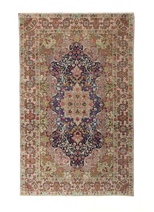 Full view of 1930s Kerman rug from Iran / Persia, 212 × 133 cm in Multi Color tones