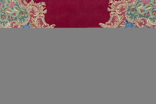 Full view of 1950s Kerman rug from Iran / Persia, 395 × 302 cm in Red tones