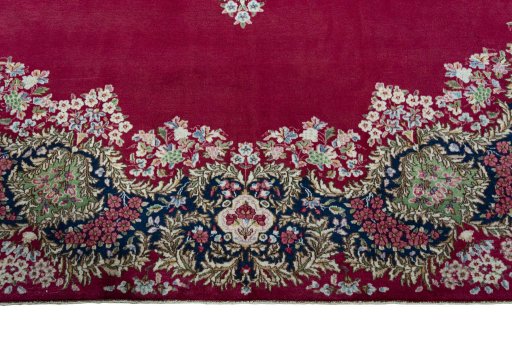 Full view of 1970s Kerman rug from Iran / Persia, 375 × 307 cm in Red tones