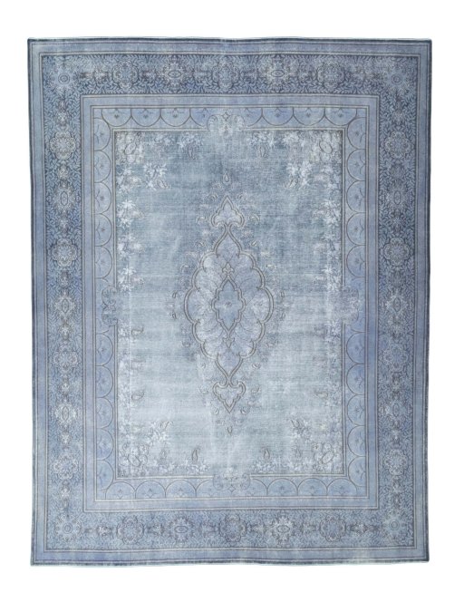 Full view of 1970s Kerman rug from Iran / Persia, 391 × 297 cm in Blue tones