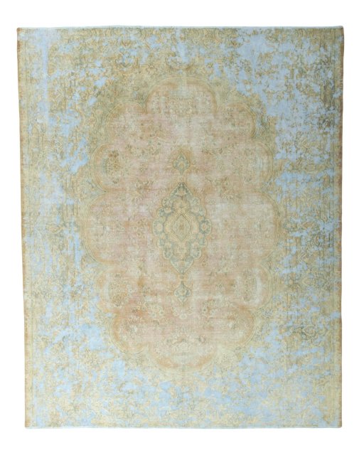 Full view of 1970s Kerman rug from Iran / Persia, 379 × 304 cm in Red tones