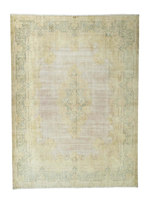 Full view of 1970s Kerman rug from Iran / Persia, 405 × 300 cm in Red tones