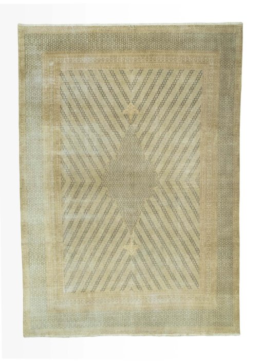 Full view of 1970s Kerman rug from Iran / Persia, 328 × 234 cm in Beige tones
