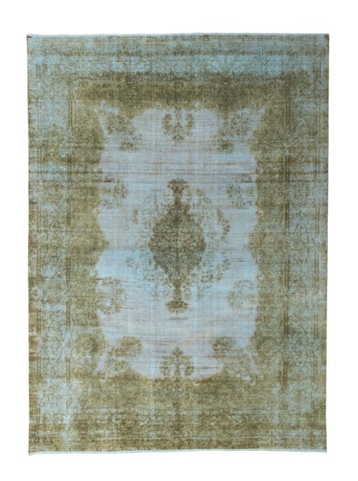 Full view of 1970s Kerman rug from Iran / Persia, 413 × 300 cm in Blue tones
