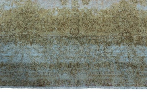 Full view of 1970s Kerman rug from Iran / Persia, 413 × 300 cm in Blue tones