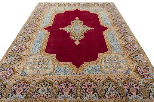 Surface texture of 1970s Kerman rug with natural Wool and intricate pattern