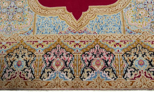 Full view of 1970s Kerman rug from Iran / Persia, 387 × 275 cm in Red tones