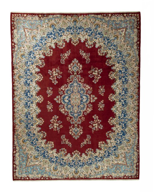 Full view of 2000s Kerman rug from Iran / Persia, 362 × 278 cm in Red tones