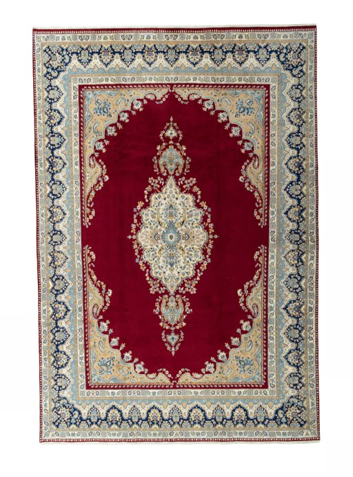 Full view of 2000s Kerman rug from Iran / Persia, 391 × 270 cm in Red tones