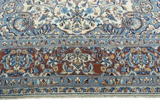 Full view of 2000s Kerman rug from Iran / Persia, 283 × 218 cm in Beige tones