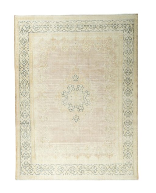 Full view of 1950s Kerman rug from Iran / Persia, 403 × 300 cm in Multi Color tones