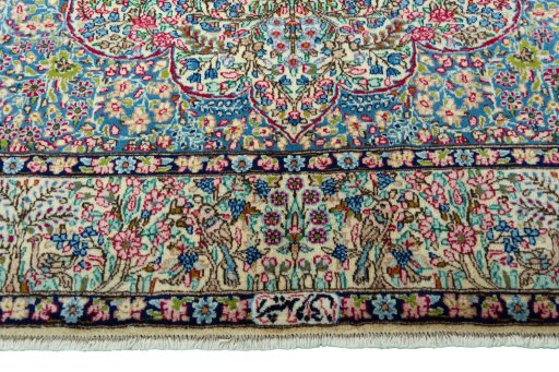 Full view of 2000s Kerman rug from Iran / Persia, 255 × 153 cm in Beige tones