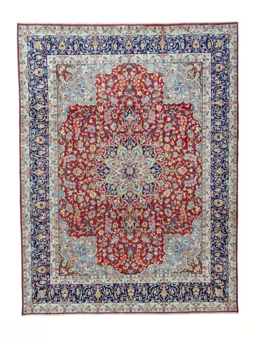 Full view of 2000s Kerman rug from Iran / Persia, 407 × 307 cm in Red tones
