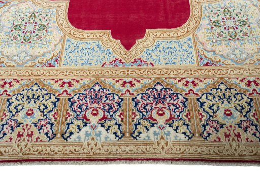 Full view of 2000s Kerman rug from Iran / Persia, 367 × 278 cm in Red tones