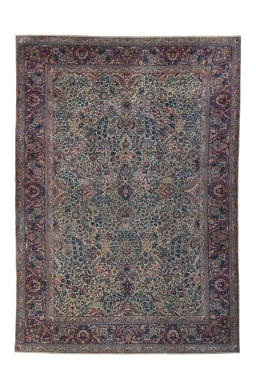 Full view of 1930s Kerman rug from Iran / Persia, 422 × 300 cm in Beige tones