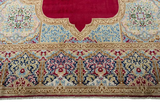 Full view of 2000s Kerman rug from Iran / Persia, 367 × 277 cm in Red tones