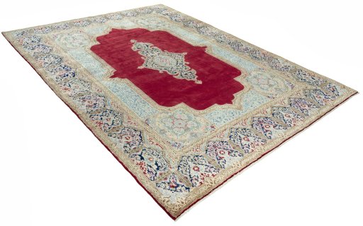 Close-up detail of 2000s Kerman rug from Iran / Persia showing Wool weave