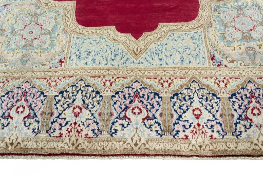 Full view of 2000s Kerman rug from Iran / Persia, 353 × 268 cm in Red tones