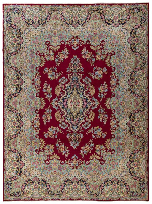 Full view of 2000s Kerman rug from Iran / Persia, 407 × 303 cm in Red tones
