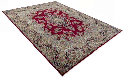 Close-up detail of 2000s Kerman rug from Iran / Persia showing Wool weave