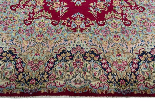 Full view of 2000s Kerman rug from Iran / Persia, 407 × 303 cm in Red tones