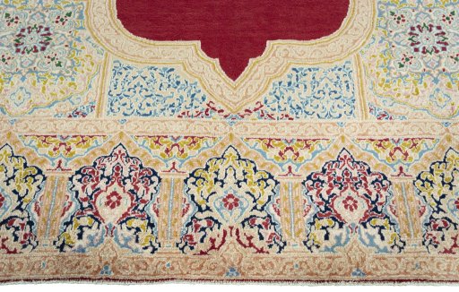 Full view of 2000s Kerman rug from Iran / Persia, 443 × 297 cm in Red tones