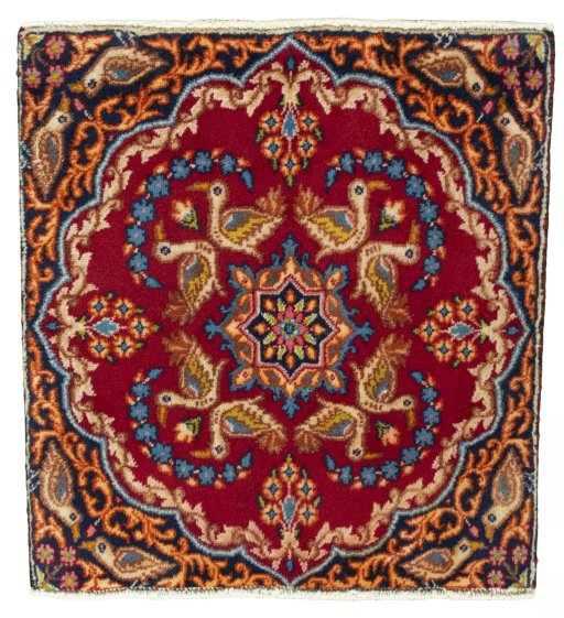 Full view of 2000s Kerman rug from Iran / Persia, 60 × 55 cm in Red tones