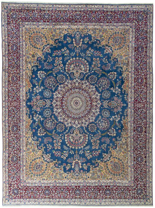 Full view of New Kerman rug from Iran / Persia, 405 × 305 cm in Blue tones