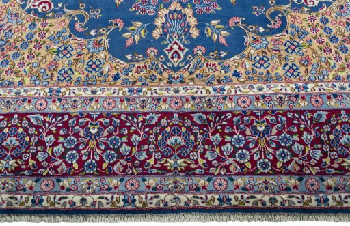 Full view of New Kerman rug from Iran / Persia, 405 × 305 cm in Blue tones