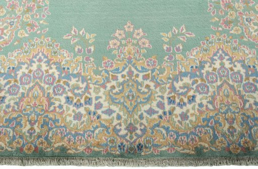 Full view of 2000s Kerman rug from Iran / Persia, 370 × 270 cm in Green tones