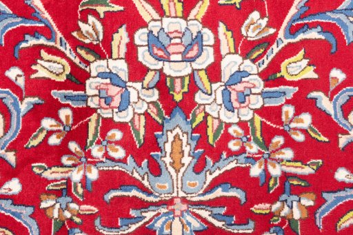 Full view of 2002s Kerman rug from Iran / Persia, 385 × 95 cm in Red tones