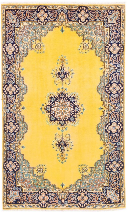 Full view of 2000s Kerman rug from Iran / Persia, 239 × 143 cm in Yellow tones