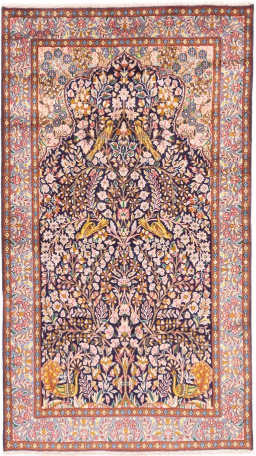 Full view of 1980s Kerman rug from Iran / Persia, 210 × 115 cm in Dark blue tones