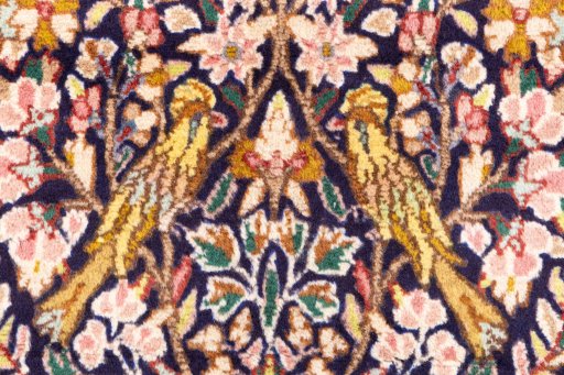 Full view of 1980s Kerman rug from Iran / Persia, 210 × 115 cm in Dark blue tones