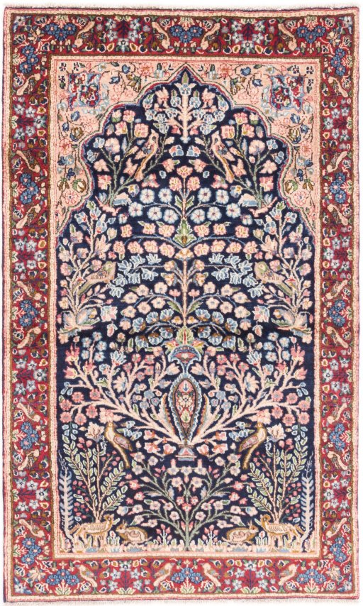 Full view of 1970s Kerman rug from Iran / Persia, 154 × 90 cm in Dark blue tones