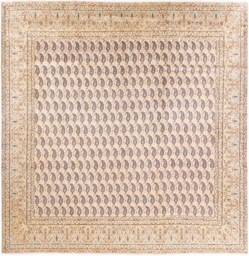 Full view of 1980s Kerman rug from Iran / Persia, 300 × 300 cm in Cream tones