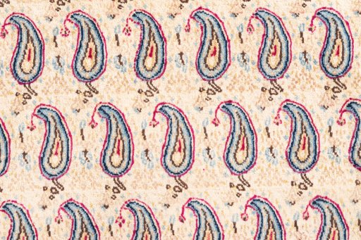 Full view of 1980s Kerman rug from Iran / Persia, 300 × 300 cm in Cream tones