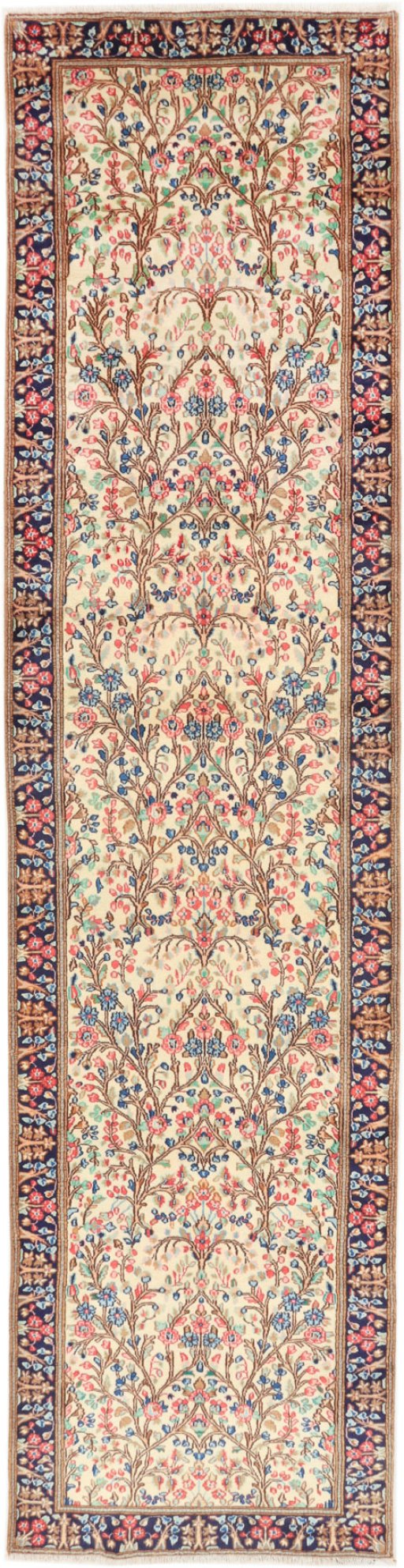 Full view of 2000s Kerman rug from Iran / Persia, 375 × 93 cm in Cream tones