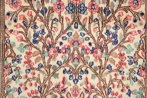 Full view of 2000s Kerman rug from Iran / Persia, 375 × 93 cm in Cream tones