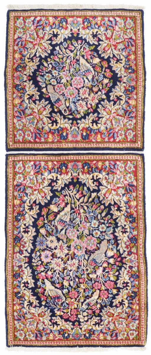 Full view of 1990s Kerman rug from Iran / Persia, 130 × 52 cm in Blue tones