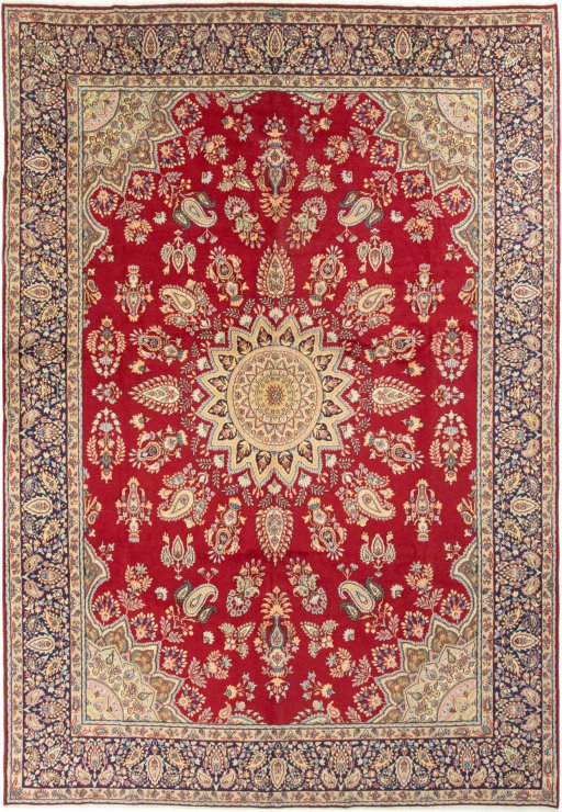 Full view of 1990s Kerman rug from Iran / Persia, 435 × 300 cm in Red tones