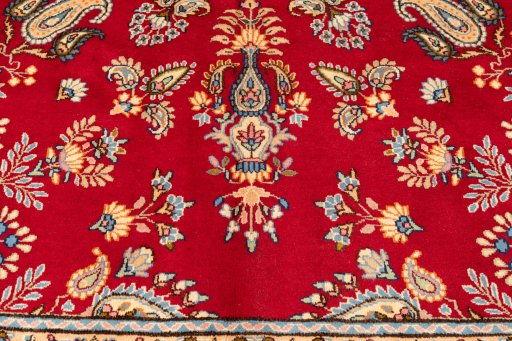 Close-up detail of 1990s Kerman rug from Iran / Persia showing Wool weave