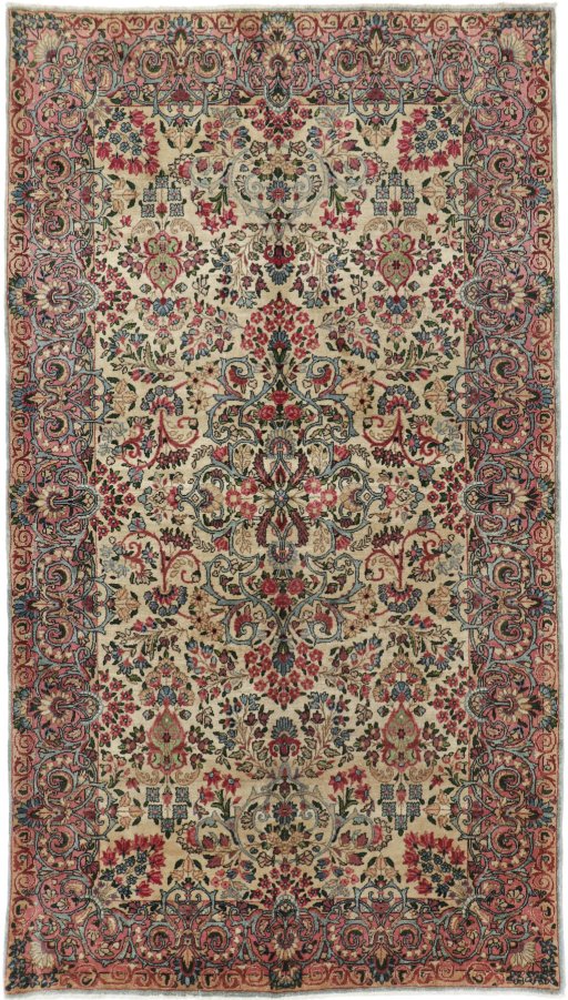 Full view of 1920s Kerman rug from Iran / Persia, 220 × 125 cm in Beige tones