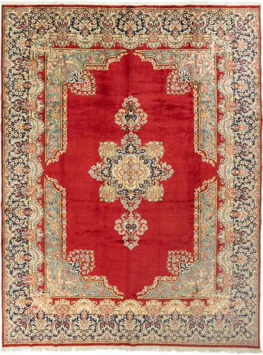 Full view of 1990s Kerman rug from Iran / Persia, 405 × 300 cm in Red tones