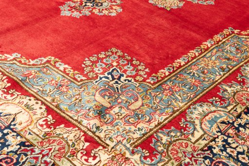 Backside of handmade 1990s Kerman rug showing knot structure and weave density