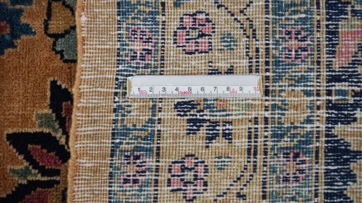 Full view of 1960s Khorasan rug from Iran / Persia, 417 × 366 cm in Brown tones