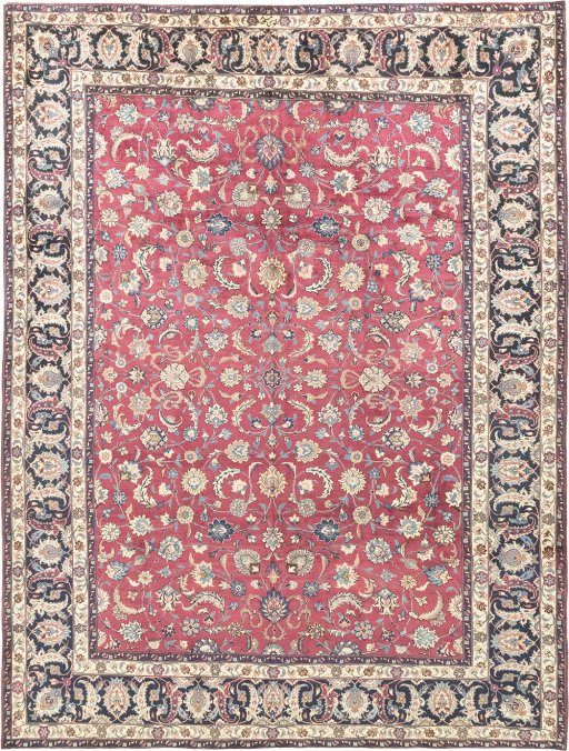 Full view of 1960s Mashad rug from Iran / Persia, 383 × 295 cm in Red tones
