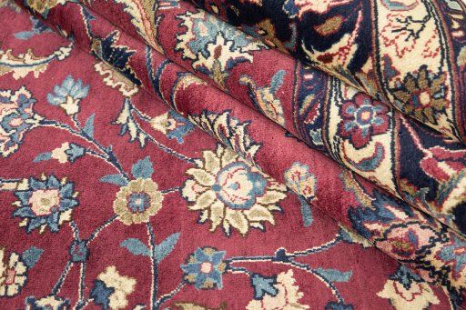Full view of 1960s Mashad rug from Iran / Persia, 383 × 295 cm in Red tones