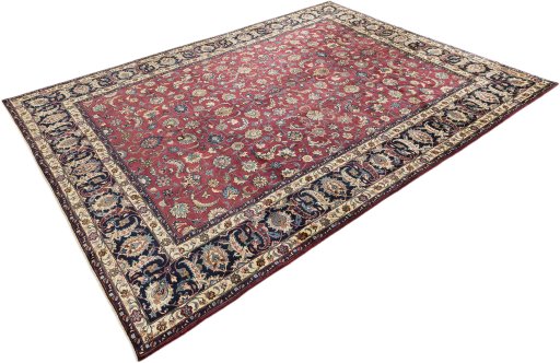 Corner detail of 1960s Mashad rug showing border pattern and Wool pile